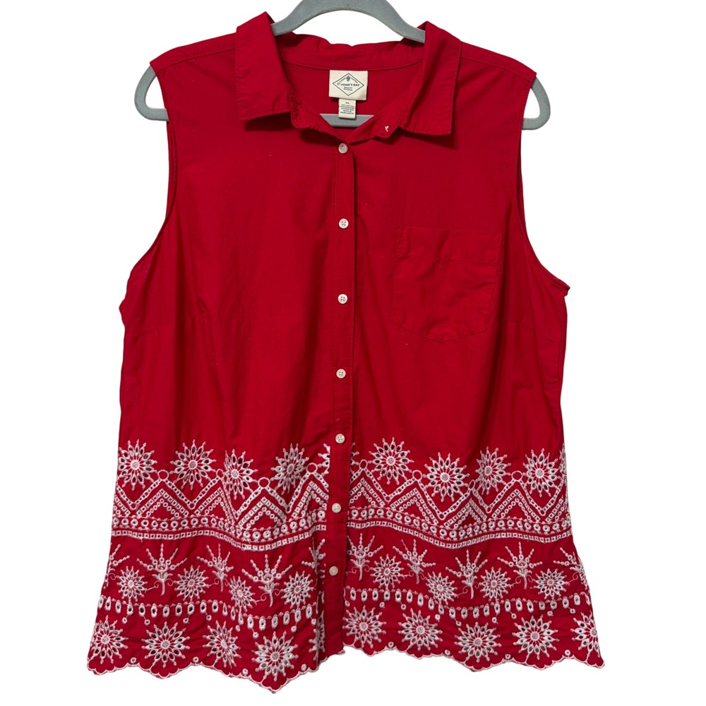 St. Johns Bay Red Sleeveless Eyelet Embroidered Cotton Button Down Top XL